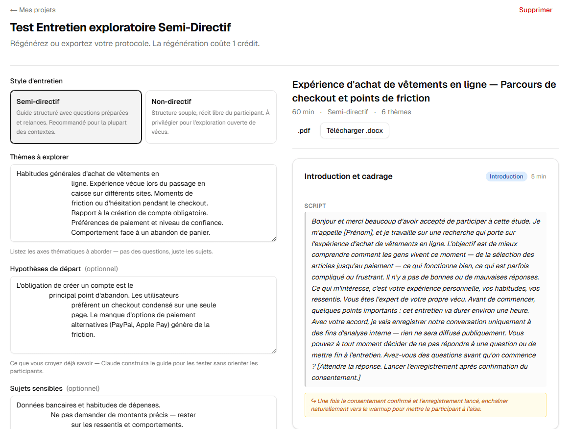 Protocol generated via streaming — Introduction, Task 1, Task 2, Debrief sections visible, Word and PDF export buttons
