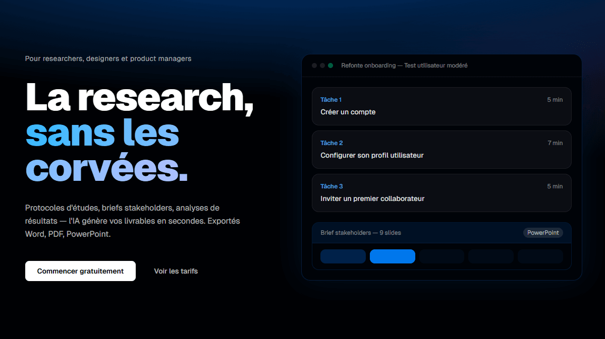 User Research Suite landing page — dark background with blue radial glow, headline 'La research sans les corvées', product mock on the right with task window and brief strip